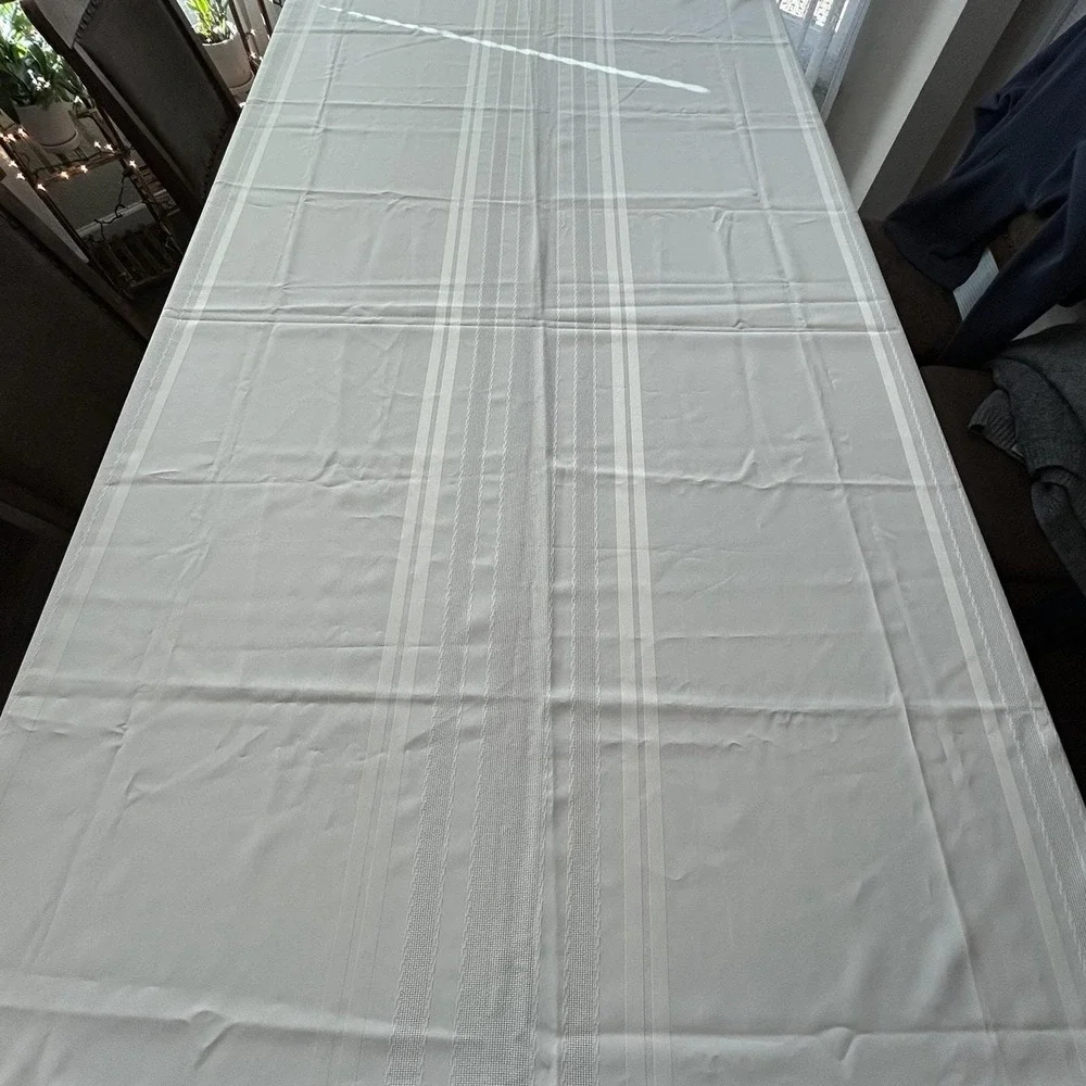 Vintage Cream Ivory Damask Stripe Tablecloth Mid-Century Rectangle 60x84